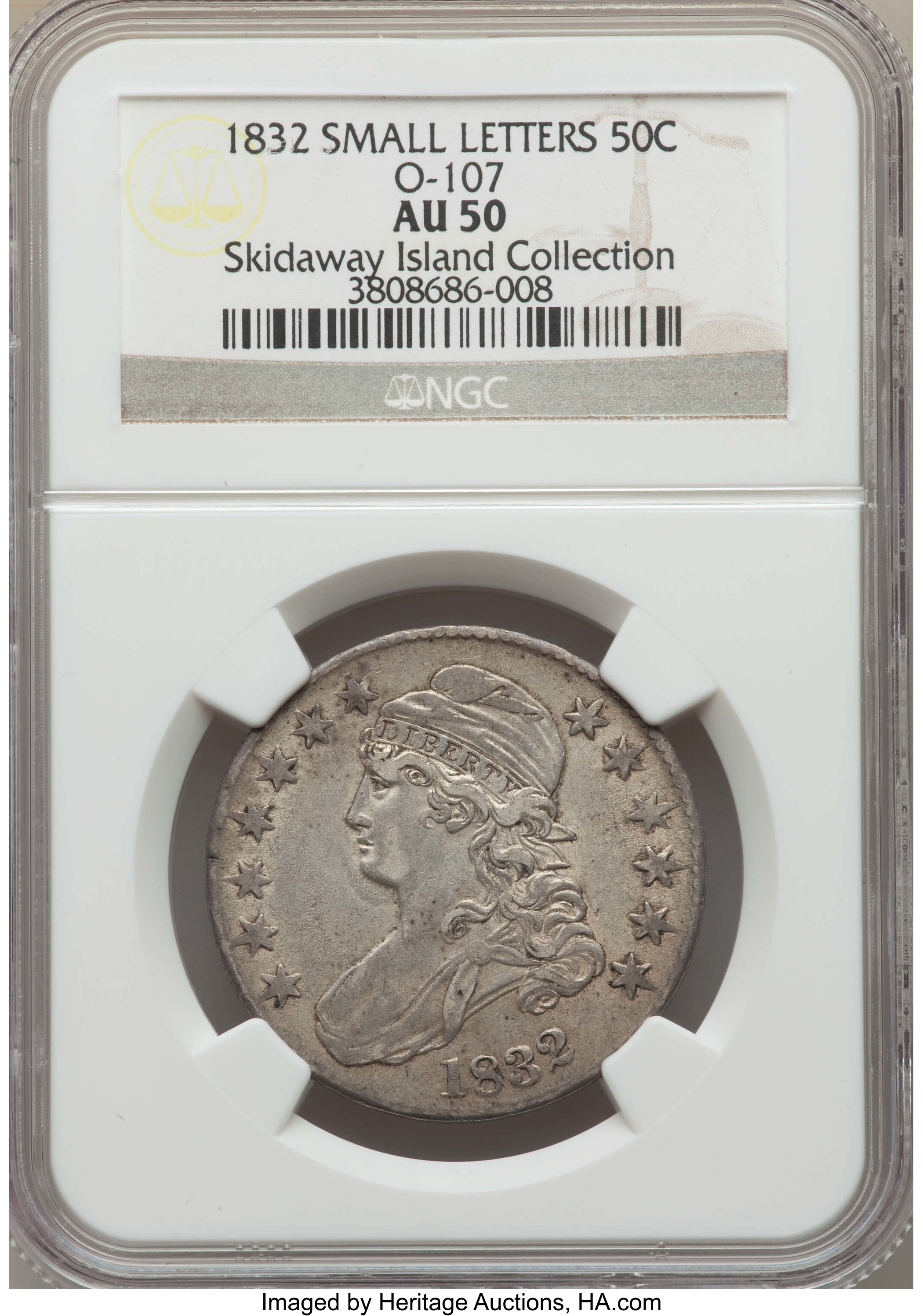 image for: 1832 50C Small Letters, O-107, R.2, AU50 NGC. Ex: Skidaway Island Collection. NGC Census: (1/17). PCGS Population: (2/4). A...