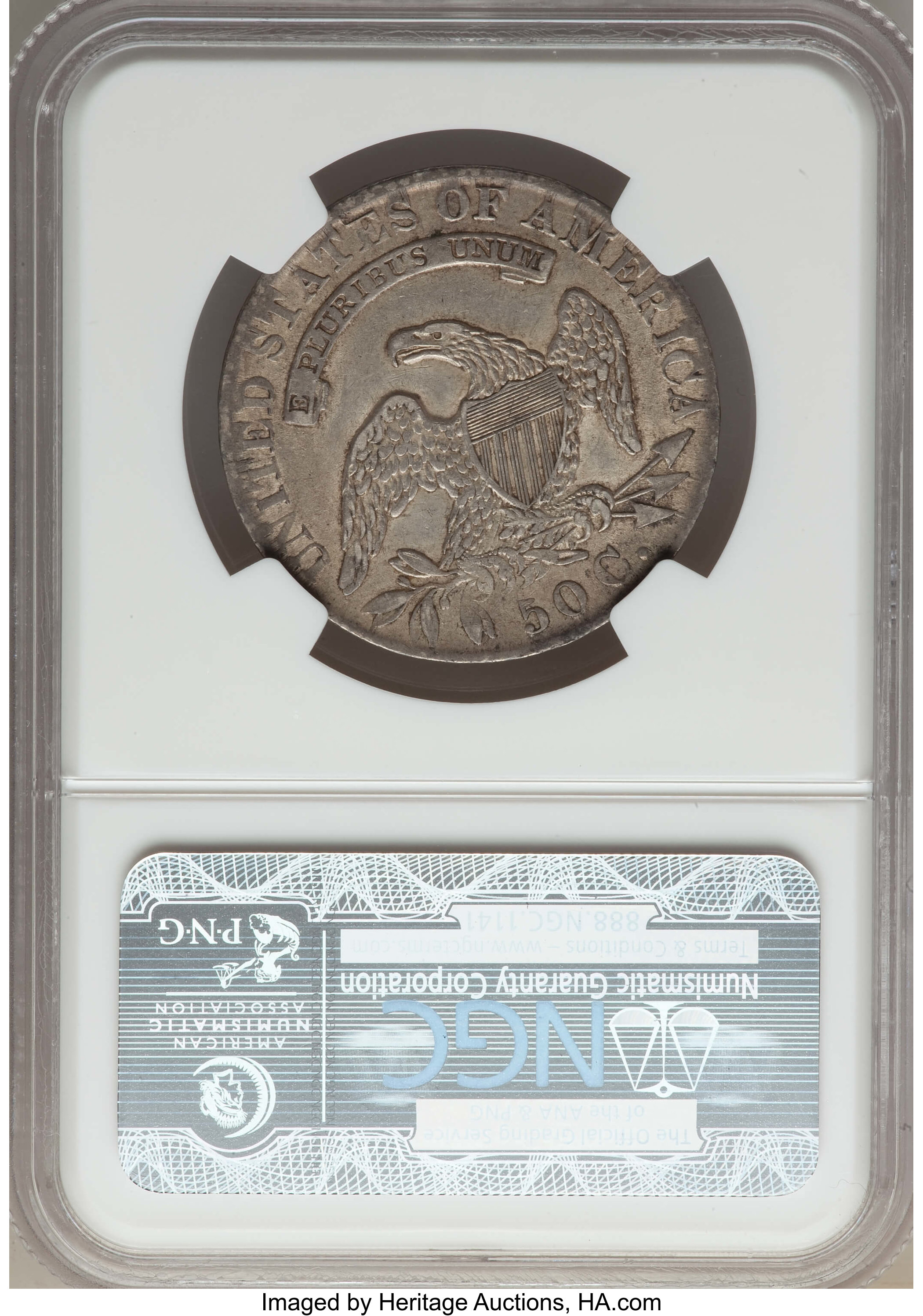 image for: 1832 50C Small Letters, O-107, R.2, AU50 NGC. Ex: Skidaway Island Collection. NGC Census: (1/17). PCGS Population: (2/4). A...