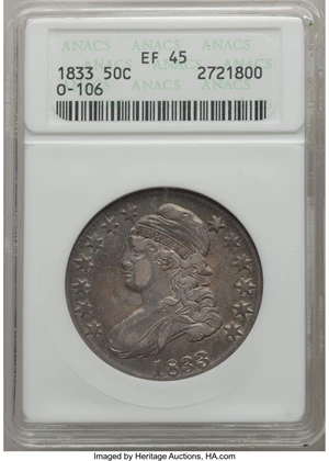 image for: 1833 50C O-106, R.2, XF45 ANACS. NGC Census: (7/22). PCGS Population: (0/14). XF45. Mintage 5,206,000. ...
