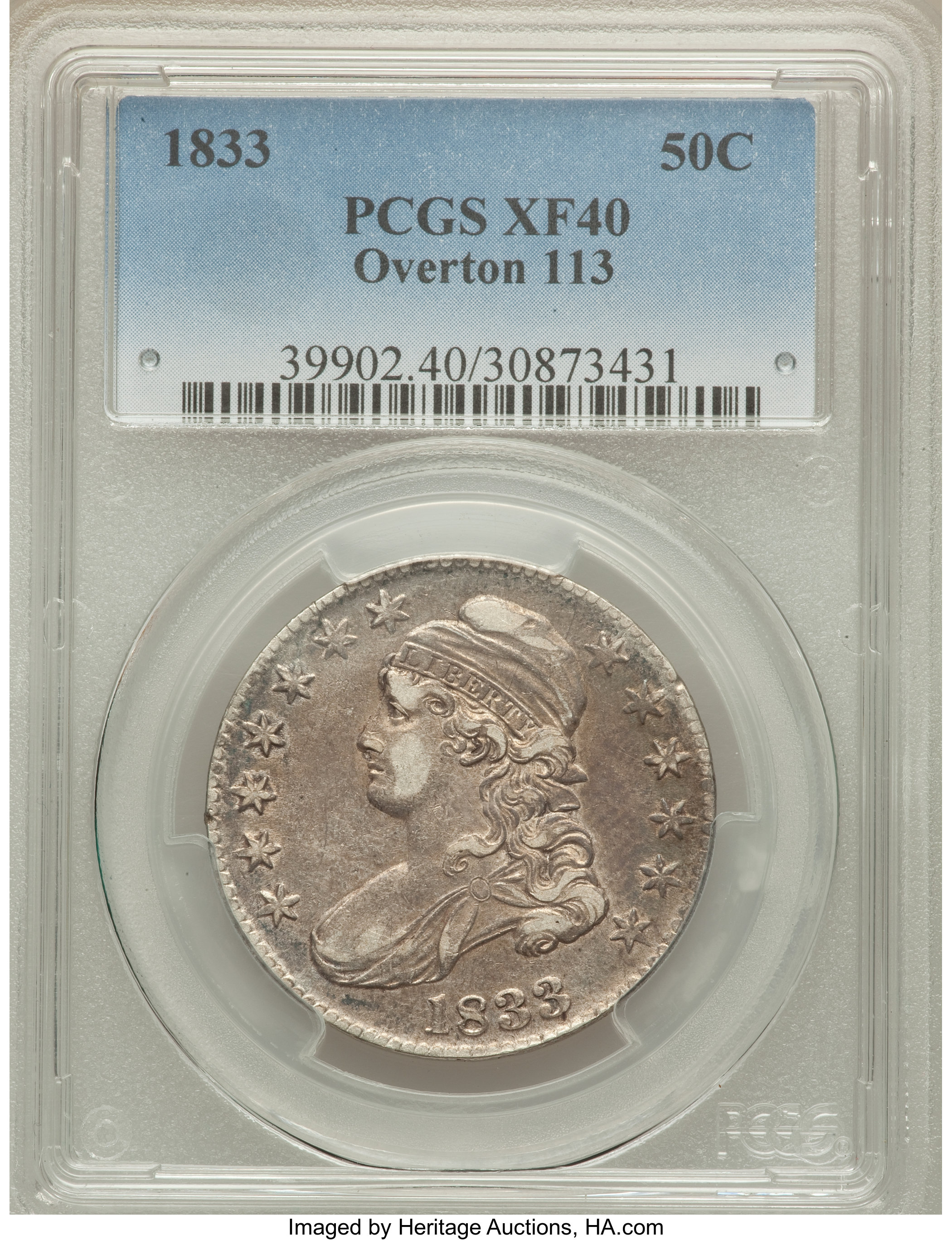 image for: 1833 50C O-113, R.2, XF40 PCGS. PCGS Population (2/8). NGC Census: (3/16). Mintage: 5,206,000. ...