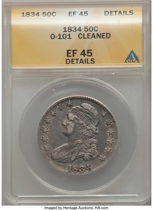 image for: 1834 50C Large Date, Large Letters, O-101, R.1, -- Cleaned -- ANACS. XF45 Details. NGC Census: (9/36). PCGS Population: (4/...