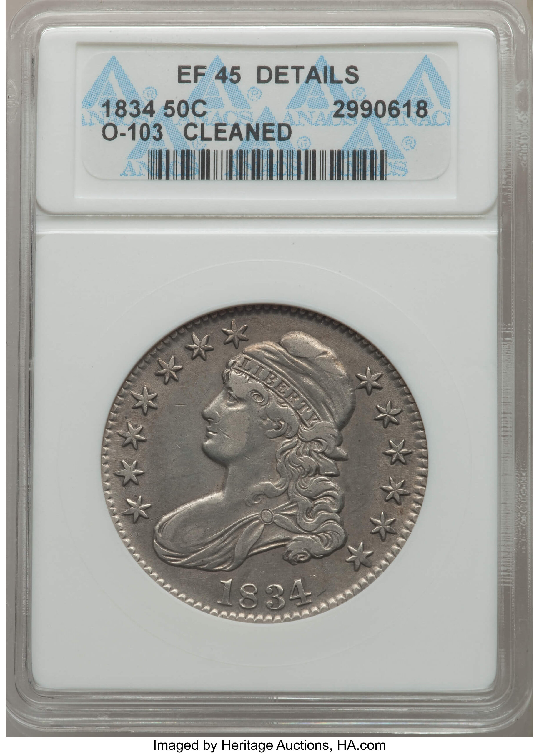 image for: 1834 50C Large Date, Large Letters, O-103, R.2, -- Cleaned -- ANACS. XF45 Details. NGC Census: (6/30). PCGS Population: (3/...