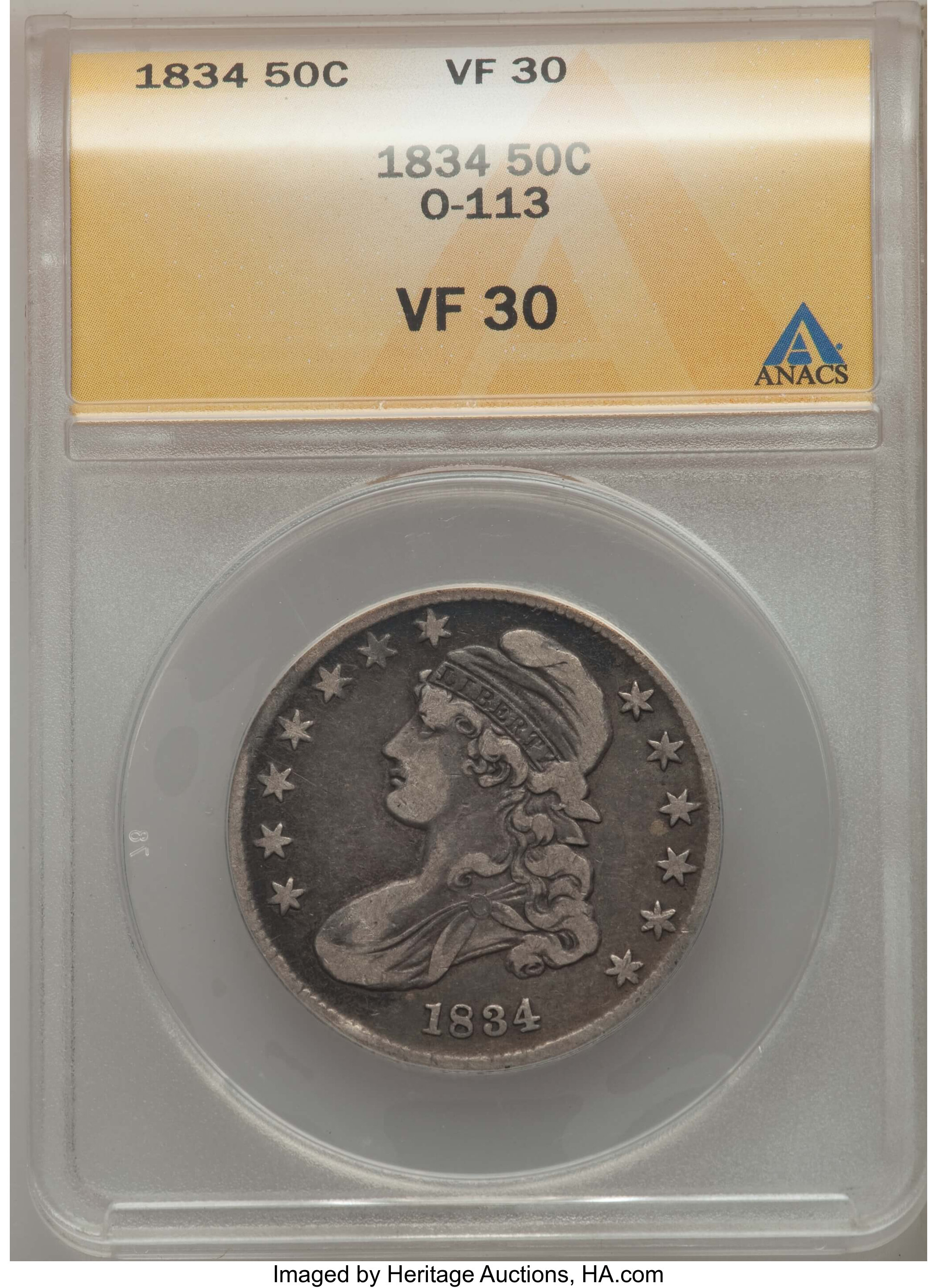 image for: 1834 50C Small Date, Small Letters, O-113, R.1, VF30 ANACS. NGC Census: (2/37). PCGS Population: (1/16).  ...
