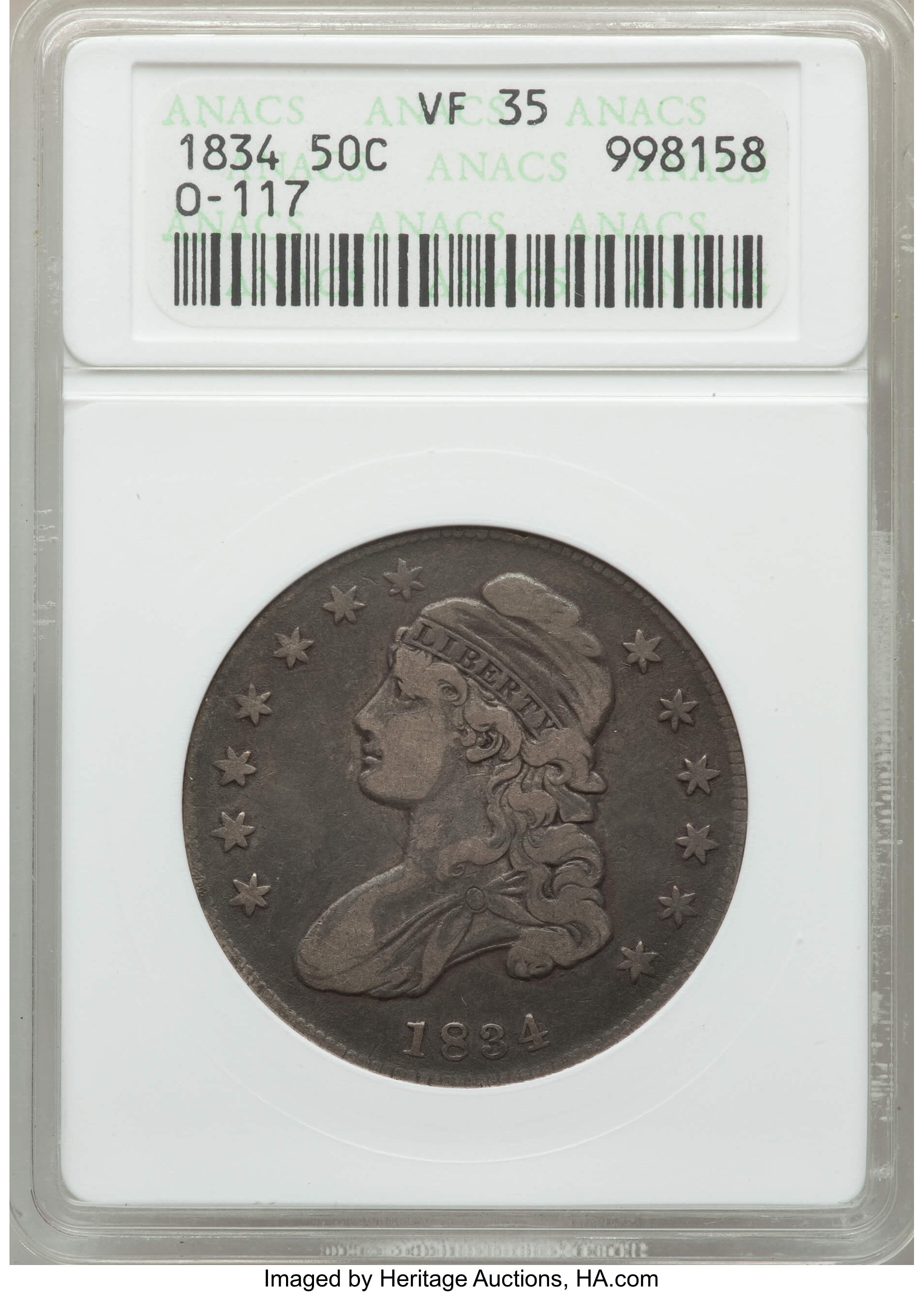 image for: 1834 50C Small Date, Small Letters, O-117, R.2, VF35 ANACS. NGC Census: (1/25). PCGS Population: (1/16).  ...