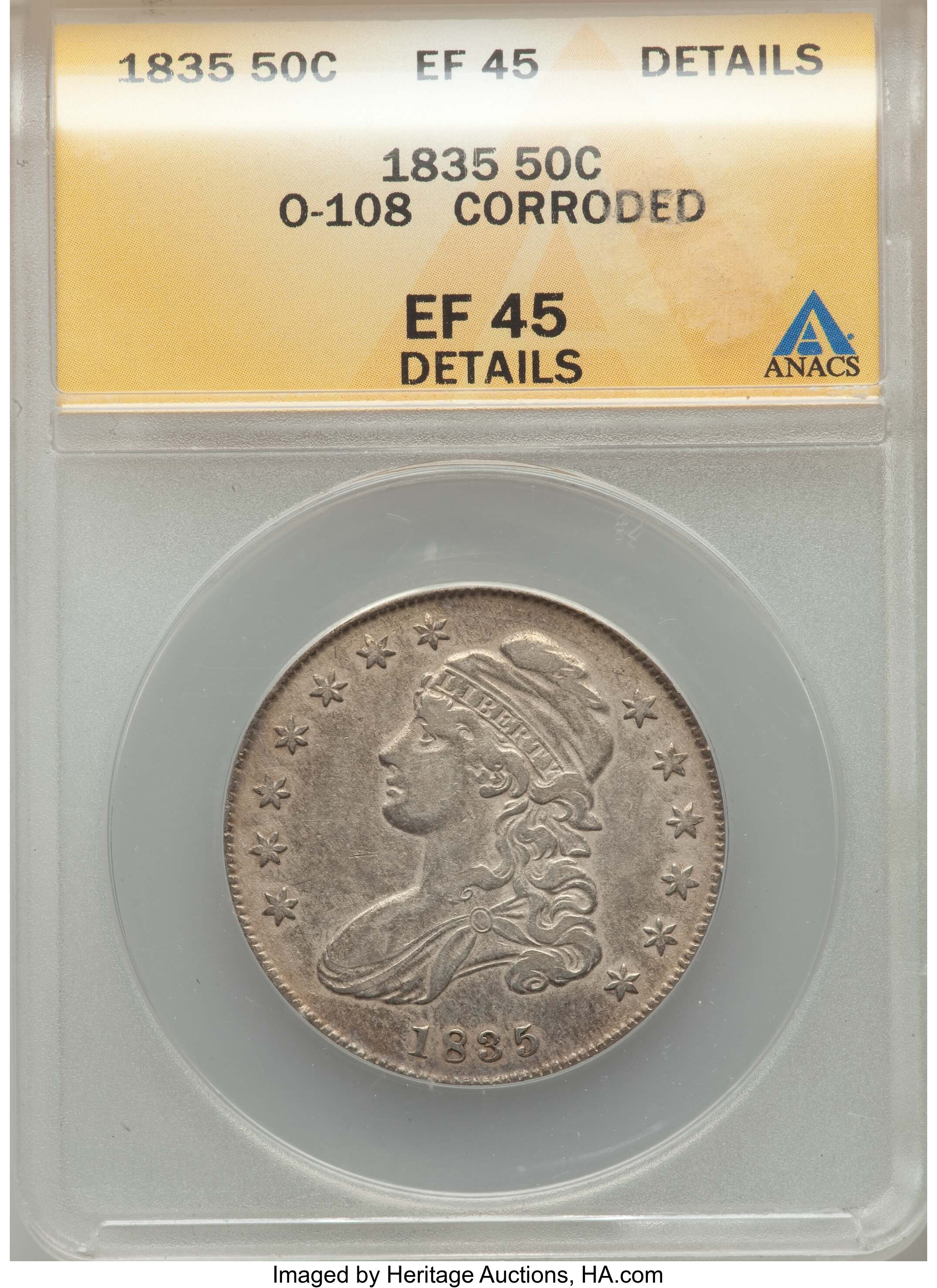 image for: 1835 50C O-108, R.3, -- Corroded -- ANACS. XF45 Details. NGC Census: (5/19). PCGS Population: (3/11). XF45. Mintage 5,352,0...