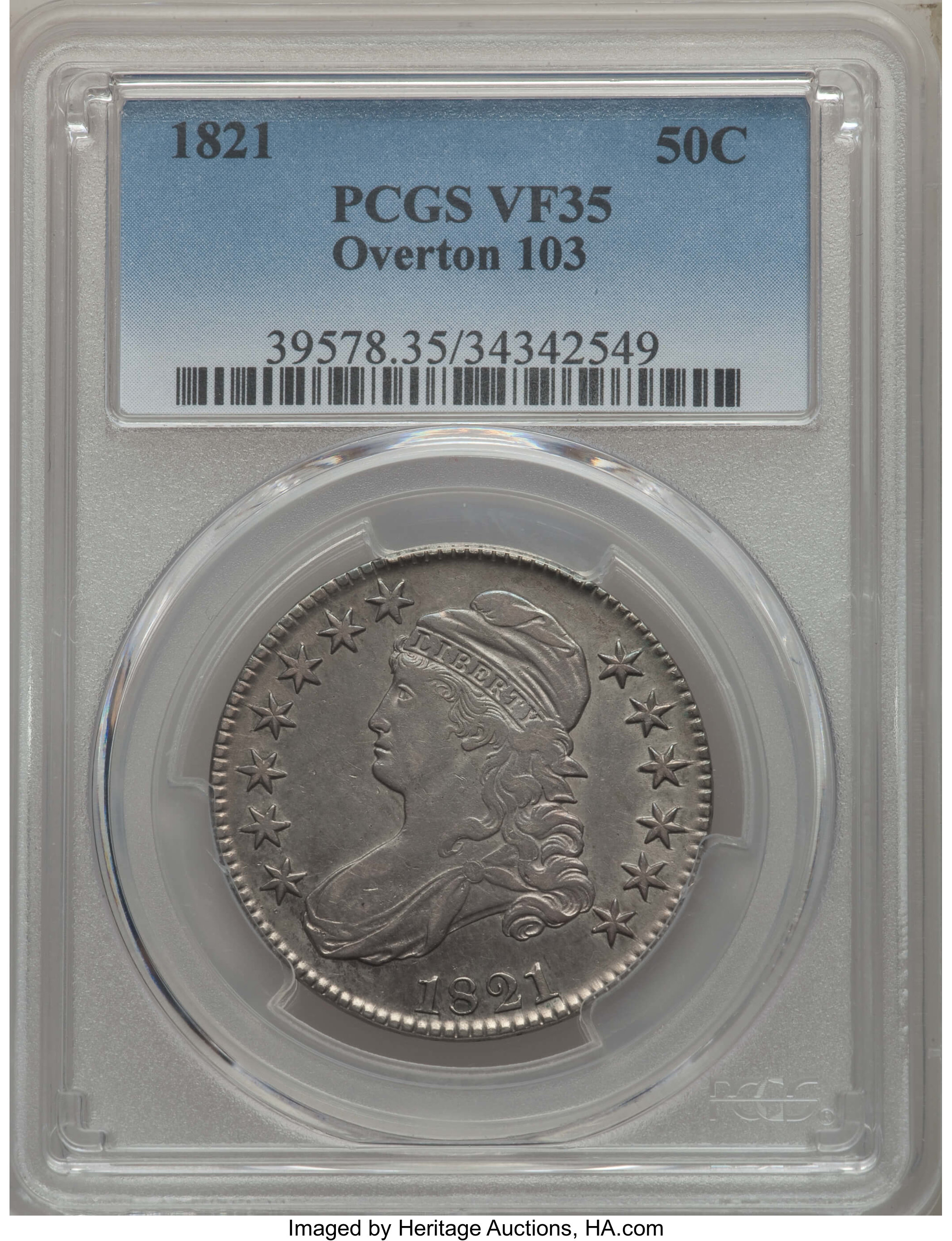 image for: 1821 50C O-103, R.2, VF35 PCGS. PCGS Population: (1/16). NGC Census: (0/35).  Mintage 1,305,797. ...