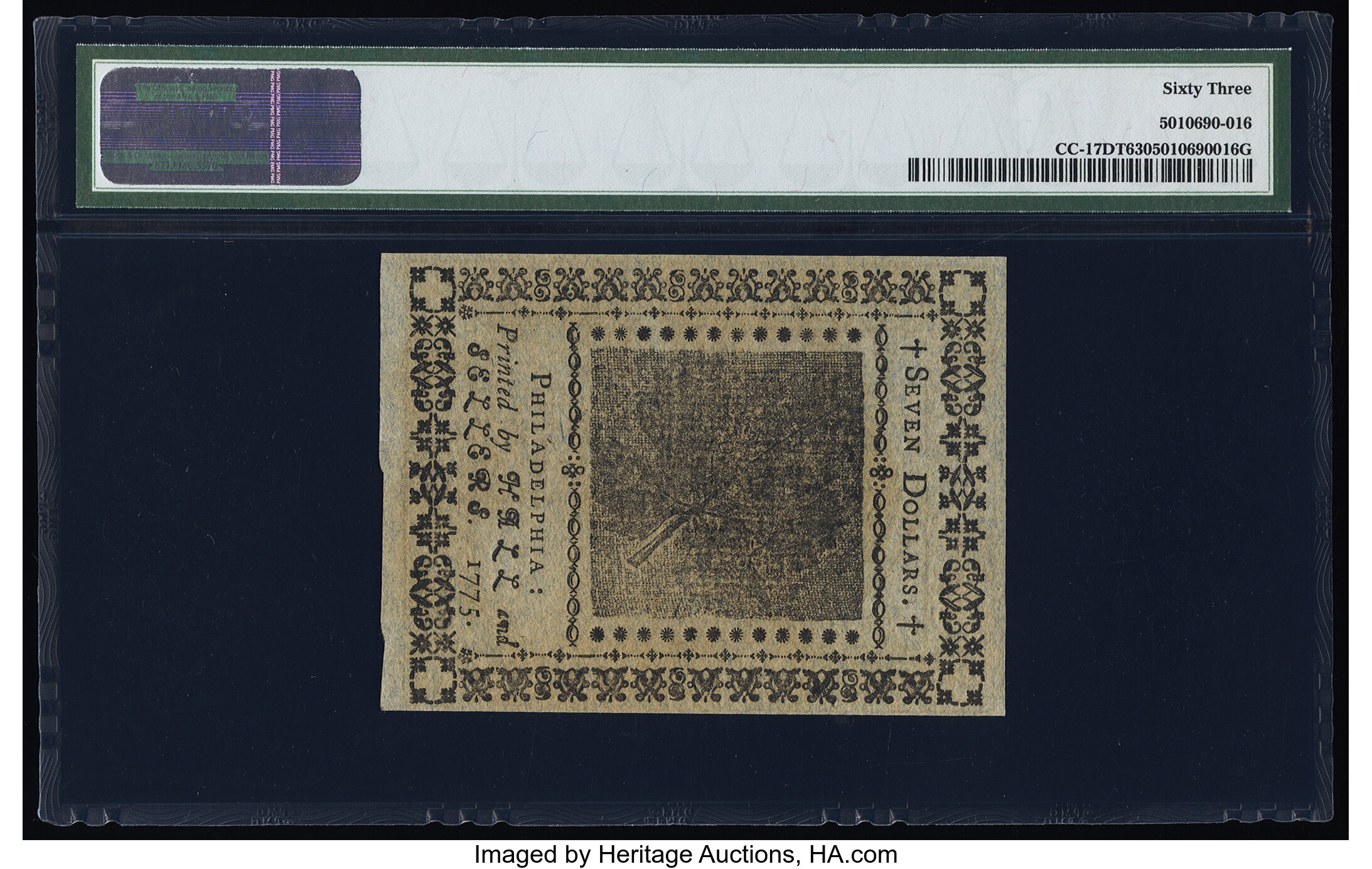 image for: Continental Currency November 29, 1775 $7 Blue Counterfeit Detector PMG Choice Uncirculated 63....