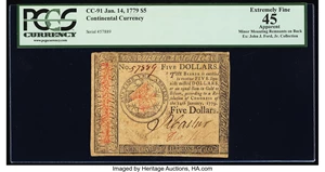 image for: Continental Currency January 14, 1779 $5 PCGS Apparent Extremely Fine 45....