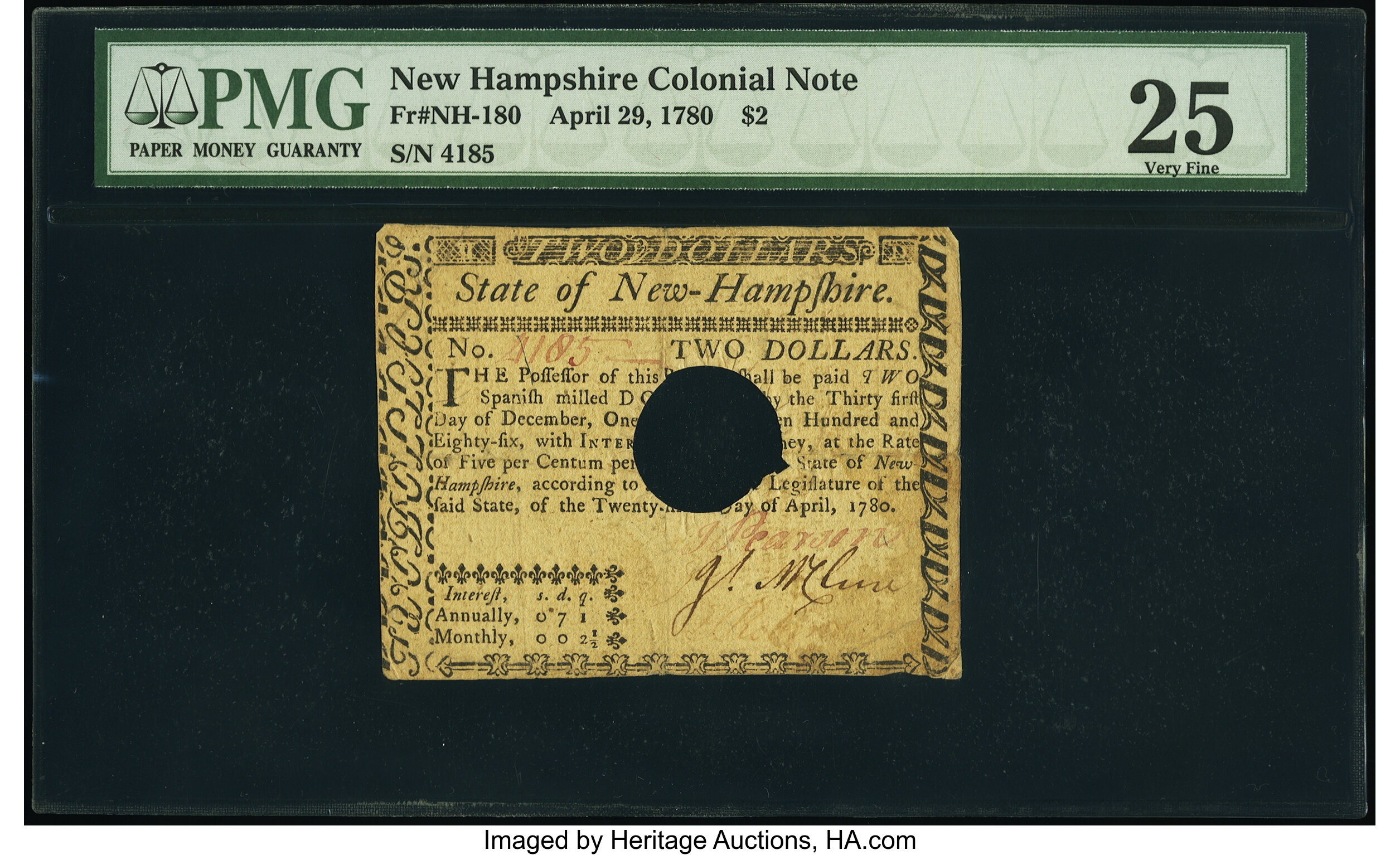 image for: New Hampshire April 29, 1780 $2 PMG Very Fine 25, Hole Punch Cancelled....