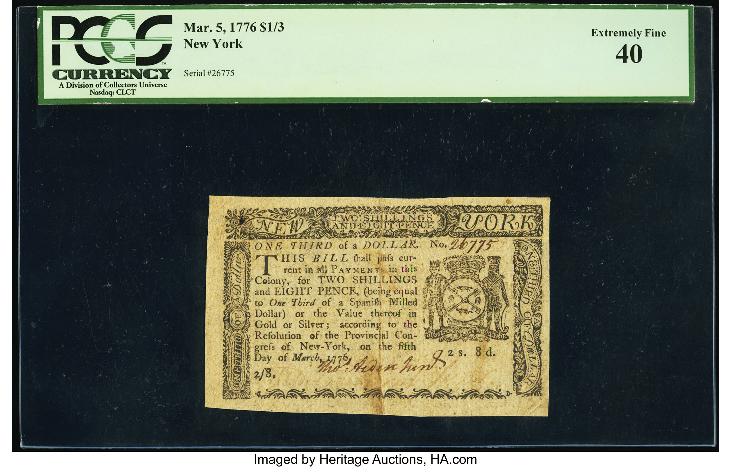 image for: New York March 5, 1776 $1/3 PCGS Extremely Fine 40....