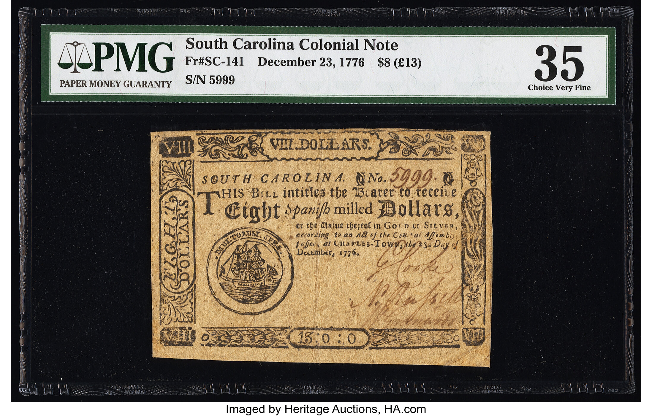 image for: Fully signed South Carolina December 23, 1776 $8 PMG Choice Very Fine 35....