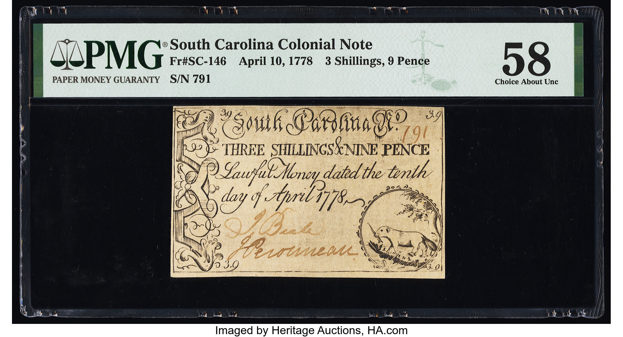 image for: South Carolina April 10, 1778 3s 9d PMG Choice About Unc 58....