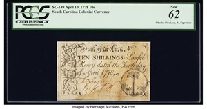 image for: Charles Pinckney, Jr. Signed South Carolina April 10, 1778 10s PCGS New 62....