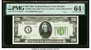 image for: Fr. 2054-A $20 1934 Federal Reserve Note. PMG Choice Uncirculated 64 EPQ....