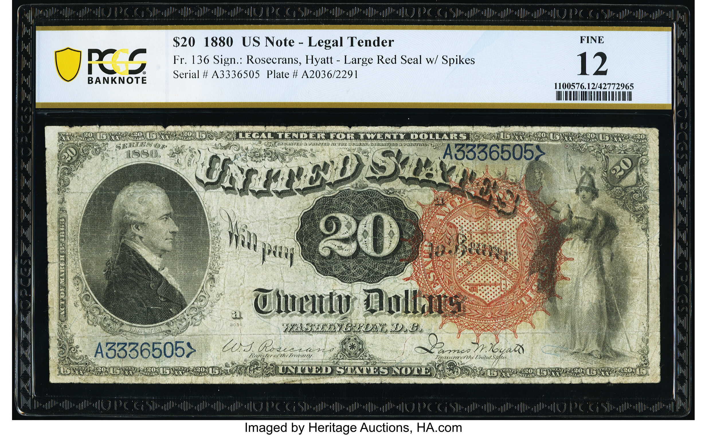 image for: Fr. 136 $20 1880 Legal Tender PCGS Banknote Fine 12....