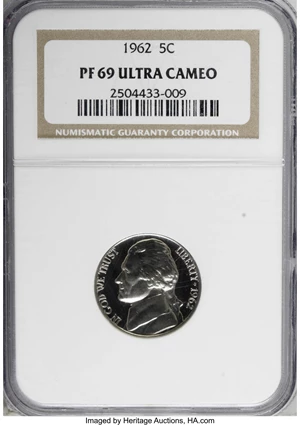 image for: 1962 5C PR69 Deep Cameo NGC. NGC Census: (21/0). PCGS Population (51/0). Numismedia Wsl. Price for NGC/PCGS coin in PR69: ...