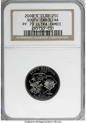 image for: 2000-S 25C South Carolina Clad PR70 Deep Cameo NGC. NGC Census: (0/0). PCGS Population (63/0). Numismedia Wsl. Price for N...