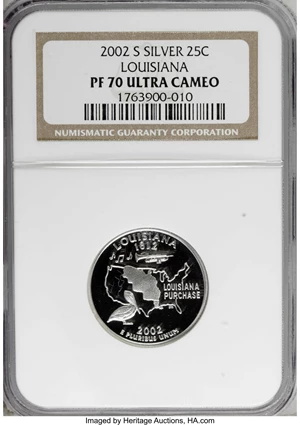image for: 2002-S 25C Louisiana Silver PR70 Deep Cameo NGC. NGC Census: (0/0). PCGS Population (60/0). Numismedia Wsl. Price for NGC/...