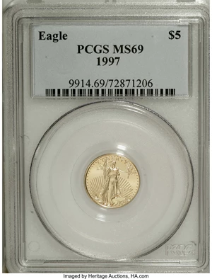 image for: 1997 G$5 Tenth-Ounce Gold Eagle MS69 PCGS. PCGS Population (1104/19). NGC Census: (0/0). Mintage: 528,515. Numismedia Wsl. ...
