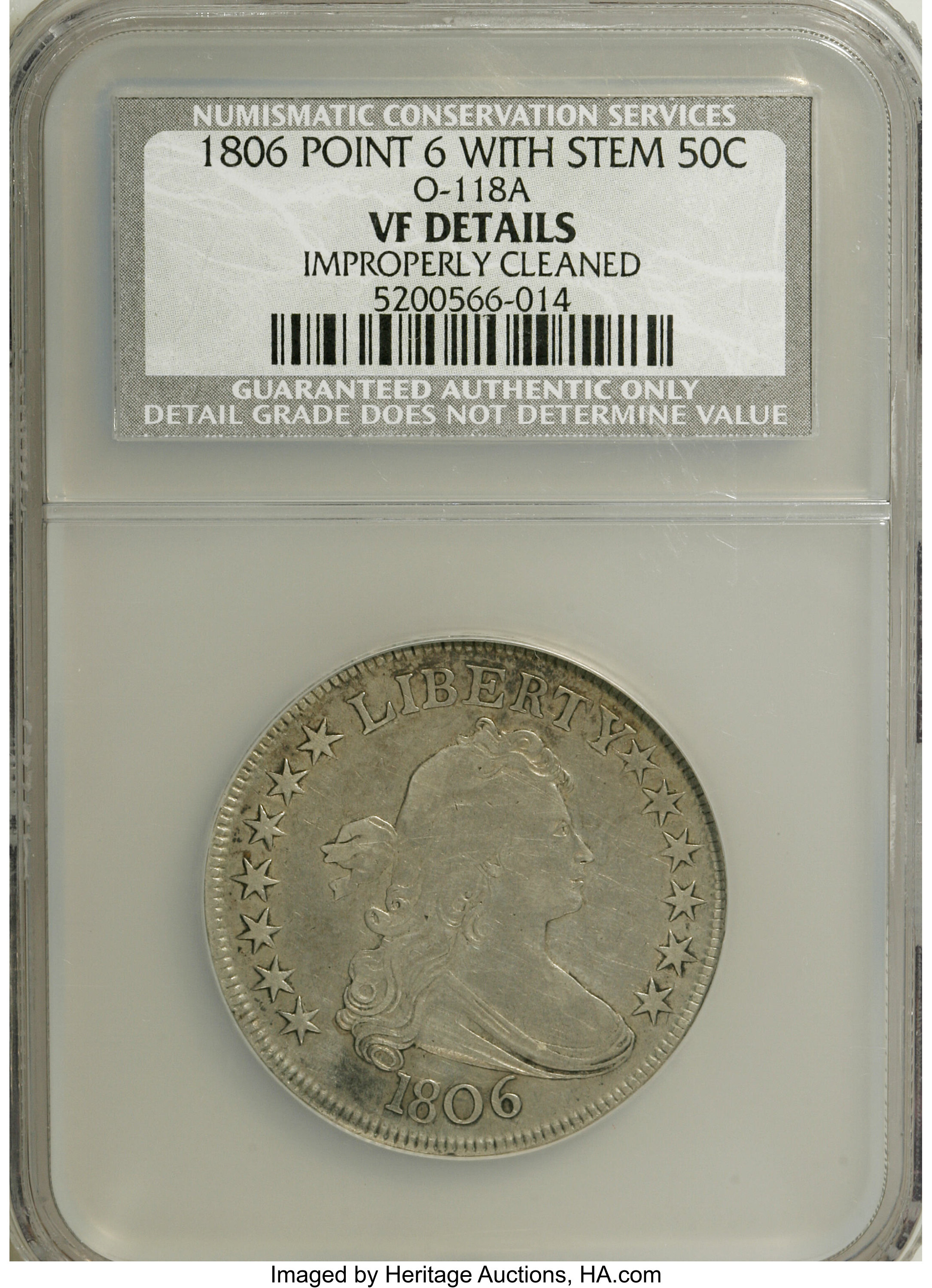 image for: 1806 50C Pointed 6, Stem, O-118a, R.3--Improperly Cleaned--NCS. VF Details. NGC Census: (0/0). PCGS Population (0/0).   (#3...