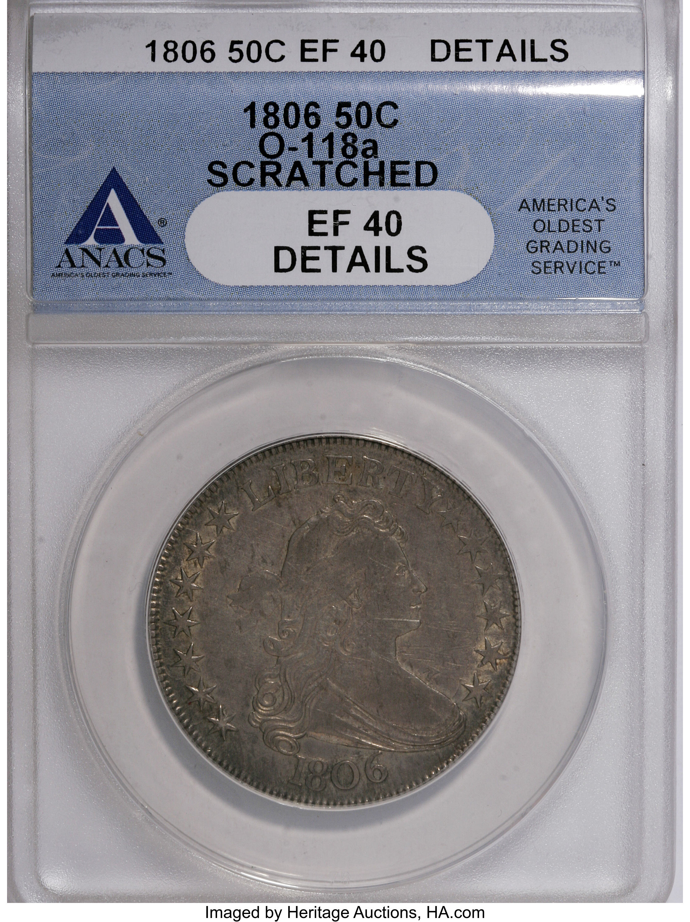 image for: 1806 50C Pointed 6, Stem, O-118a, R.3--Scratched--ANACS. XF40 Details. NGC Census: (0/0). PCGS Population (0/0).   (#39322)...