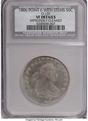 image for: 1806 50C Pointed 6, Stem--Improperly Cleaned--NCS. VF Details. O-120, R.3 NGC Census: (0/0). PCGS Population (0/1). (#393...