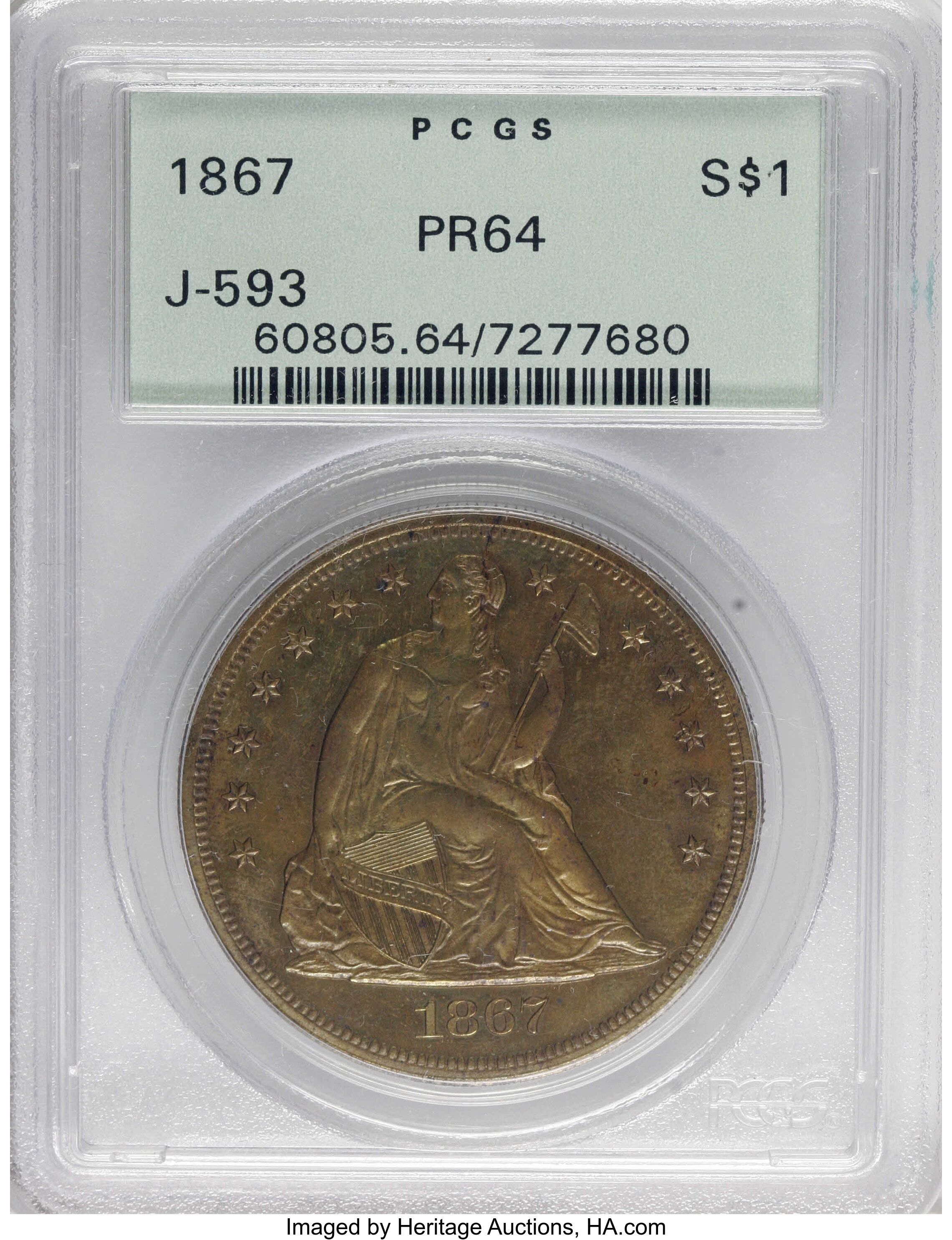 image for: 1867 $1 Dollar, Judd-593, Pollock-657, High R.7, PR64 PCGS....