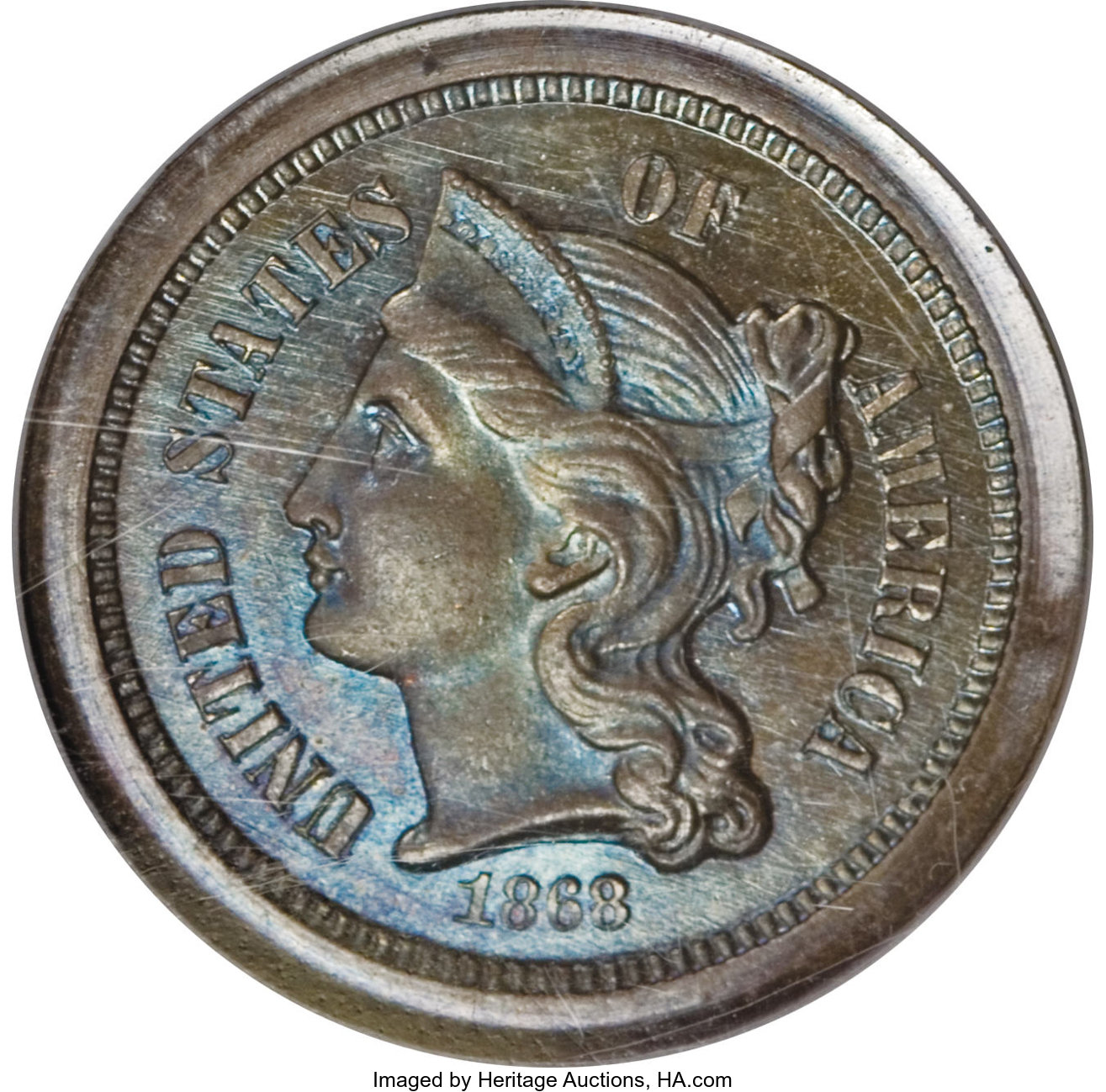 image for: 1868 3C Three Cent Nickel, Judd-616, Pollock-682, High R.6, PR66  ★  Brown NGC....