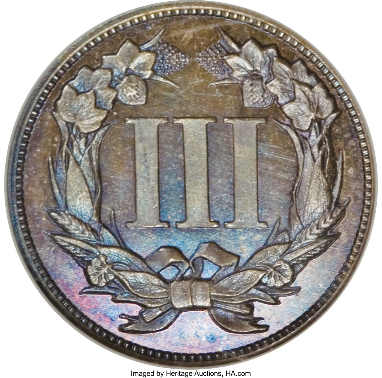 image for: 1868 3C Three Cent Nickel, Judd-616, Pollock-682, High R.6, PR66  ★  Brown NGC....