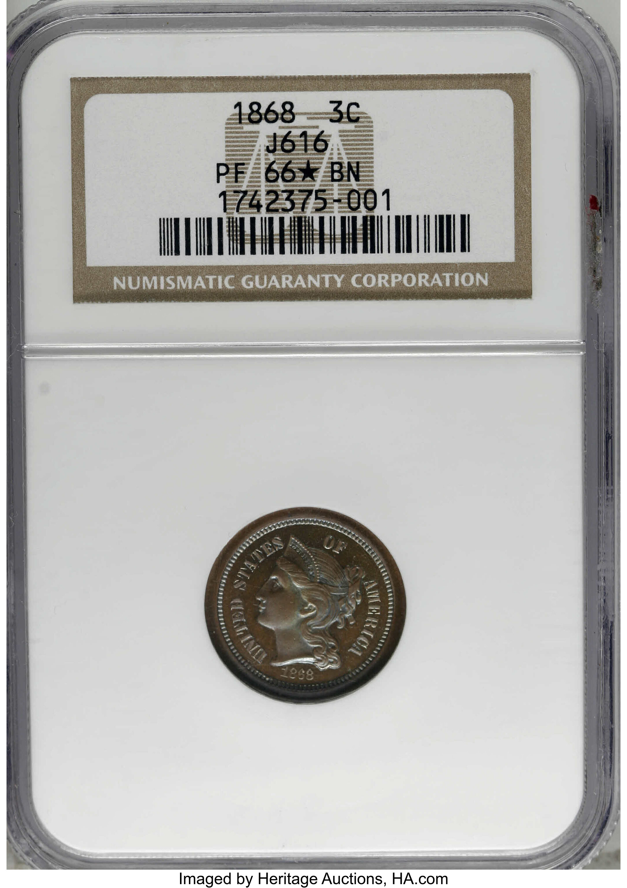 image for: 1868 3C Three Cent Nickel, Judd-616, Pollock-682, High R.6, PR66  ★  Brown NGC....