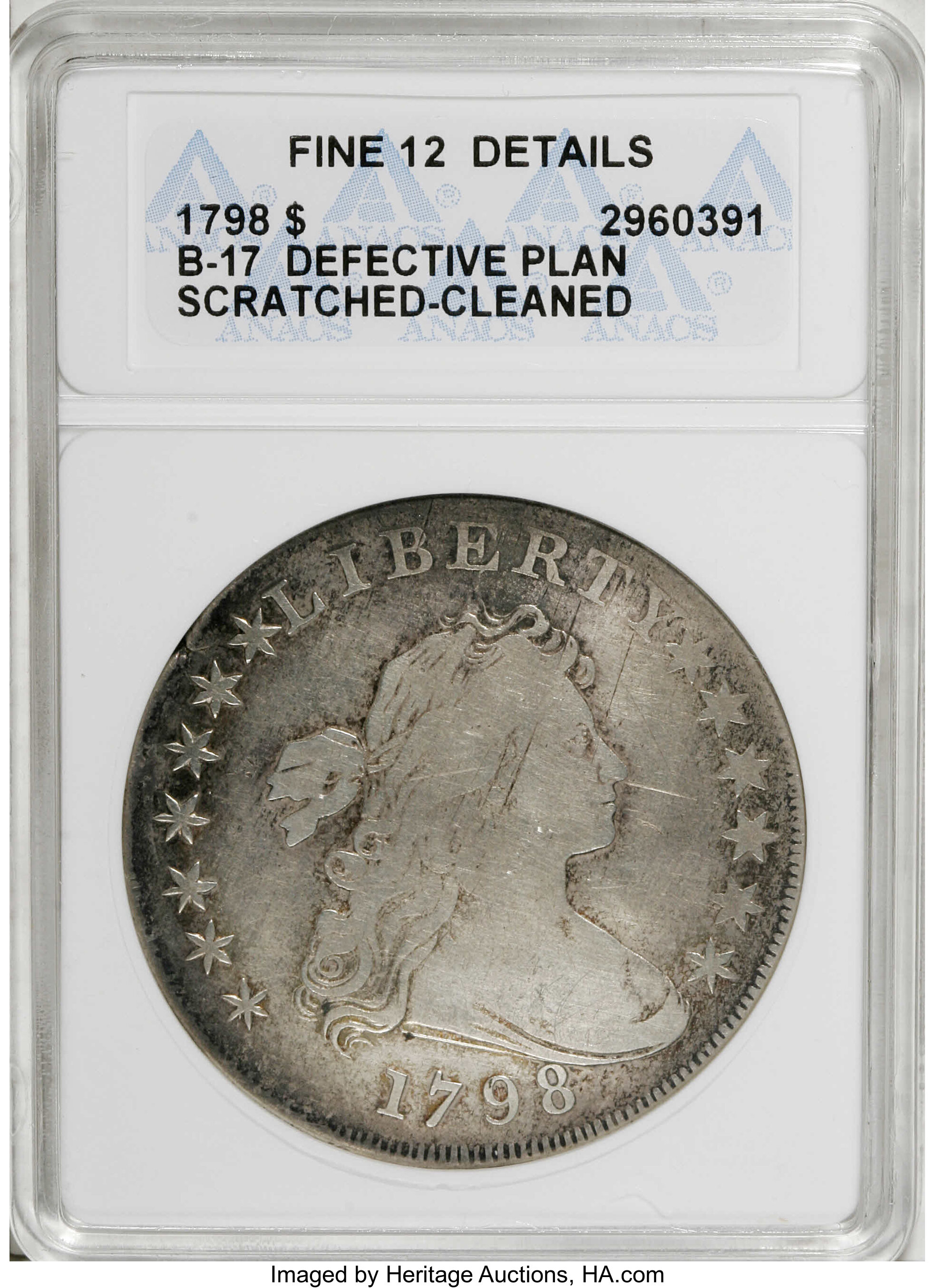 image for: 1798 $1 5 Stripes--Defective Planchet, Scratched, Cleaned--ANACS. Fine 12 Details. B-17, BB-1...