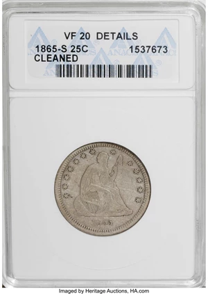 image for: 1865-S 25C --Cleaned--ANACS. VF20 Details. NGC Census: (2/26). PCGS Population (1/26). Mintage: 41,000. Numismedia Wsl. Pric...