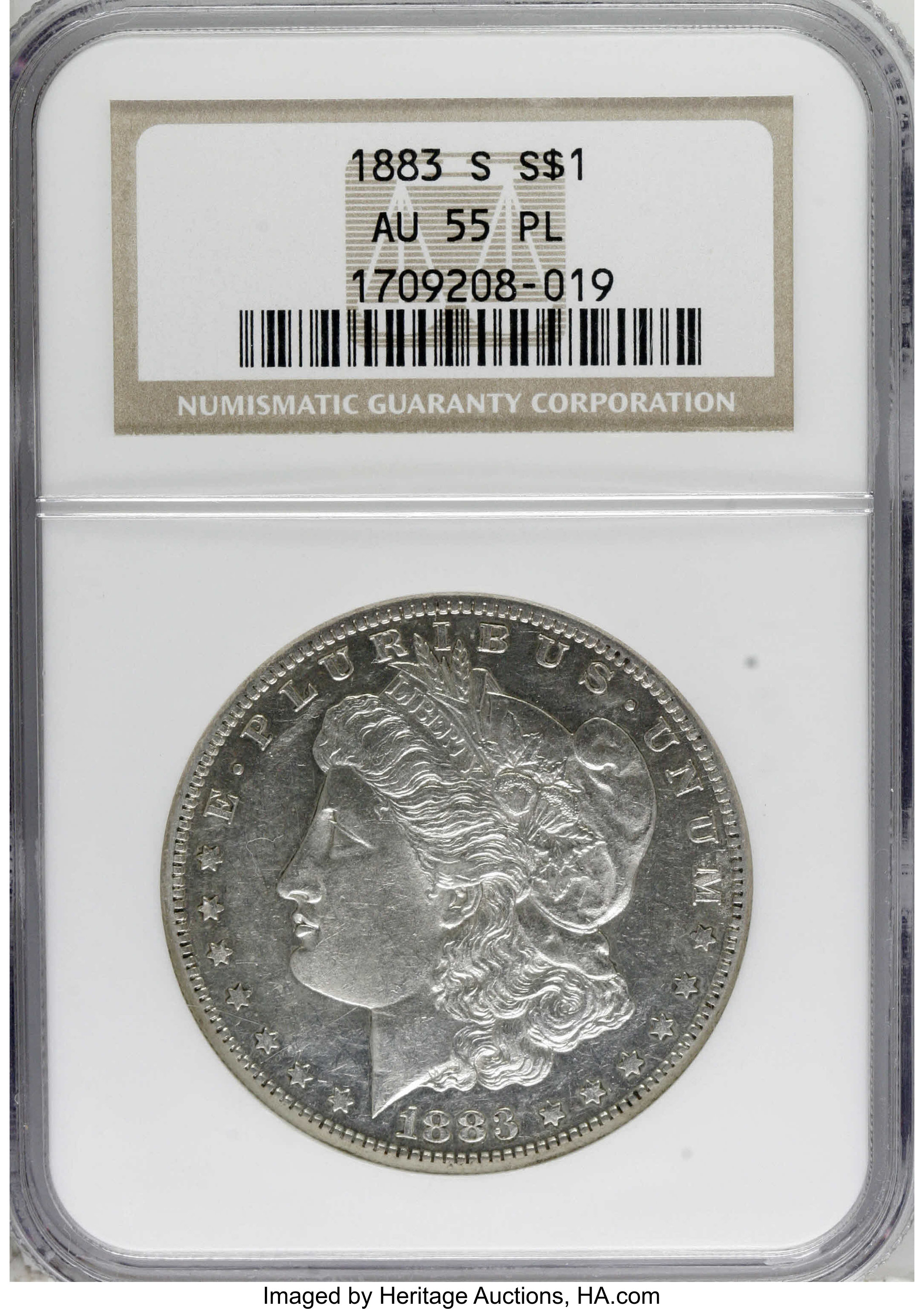 image for: 1883-S $1 AU55 Prooflike NGC. NGC Census: (9/57). PCGS Population (0/22).   (#7149)From The Diamond Head Collection....