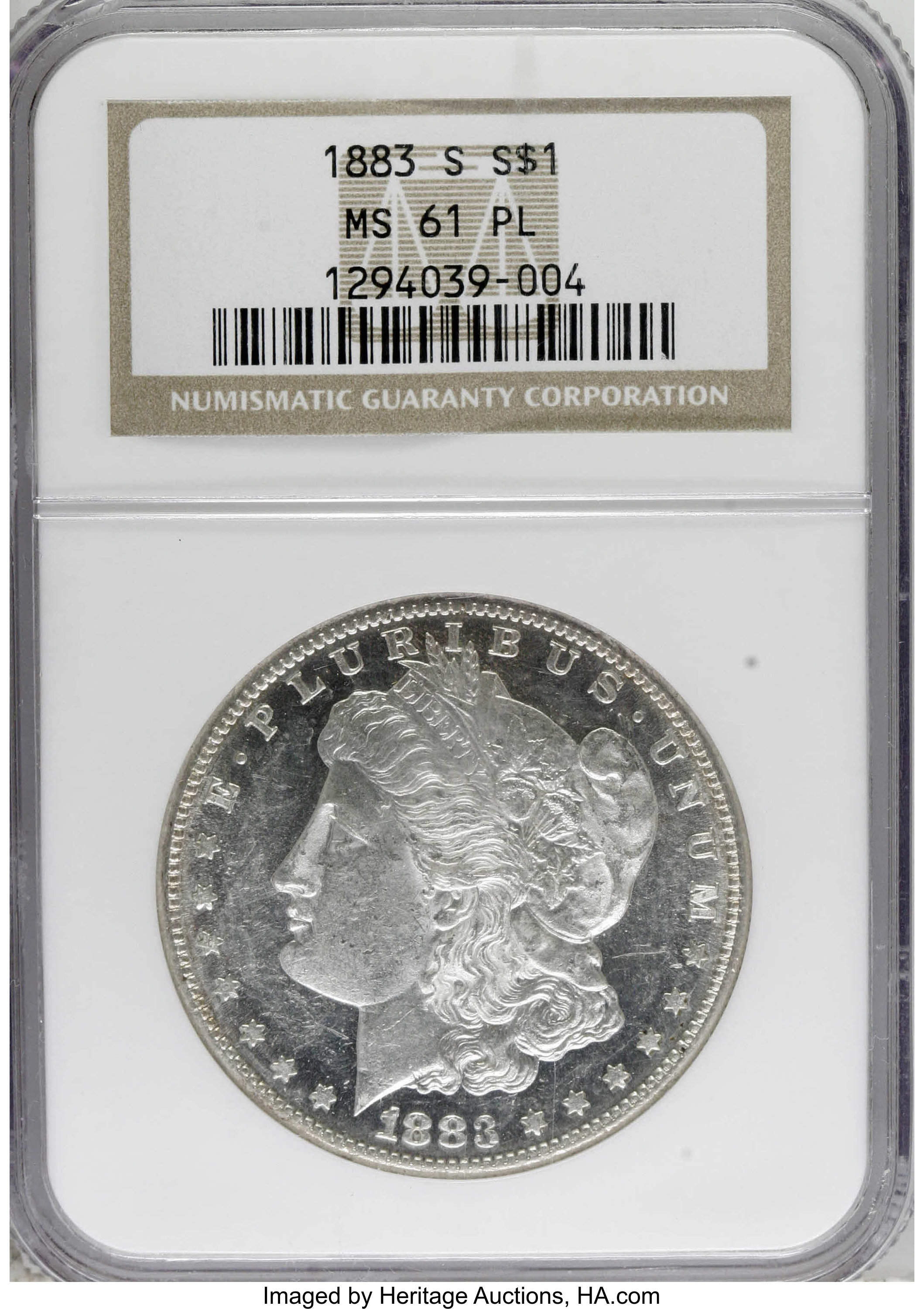 image for: 1883-S $1 MS61 Prooflike NGC. NGC Census: (5/39). PCGS Population (7/14).  Numismedia Wsl. Price for NGC/PCGS coin in MS61:...