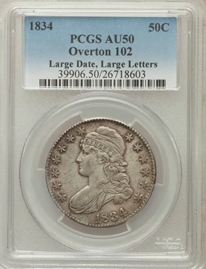 image for: 1834 50C Large Date, Large Letters, O-102 AU50 PCGS. PCGS Population (2/2). NGC Census: (0/0). ...