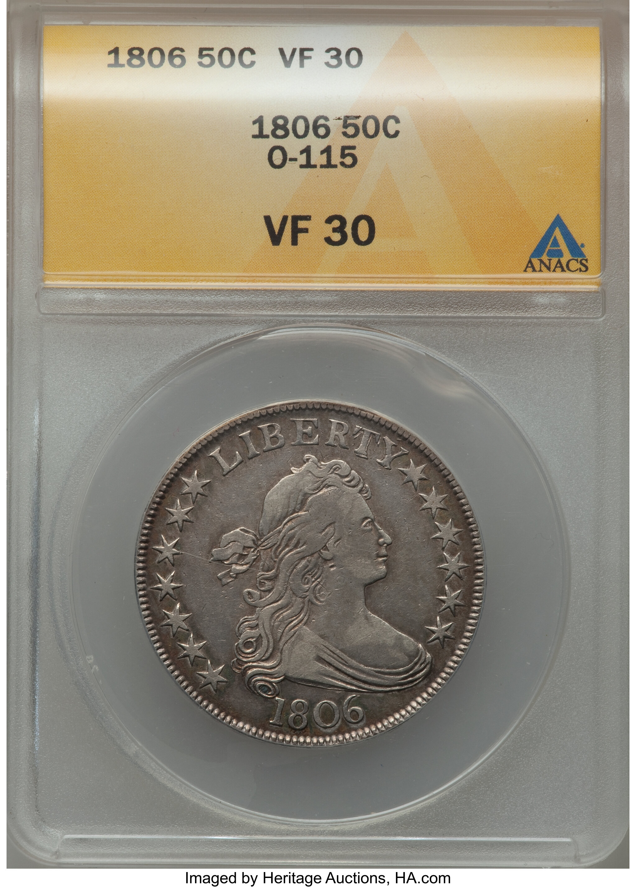 image for: 1806 50C Pointed 6, Stem, O-115, R.1 VF30 ANACS. NGC Census: (0/0). PCGS Population (0/6).  ...