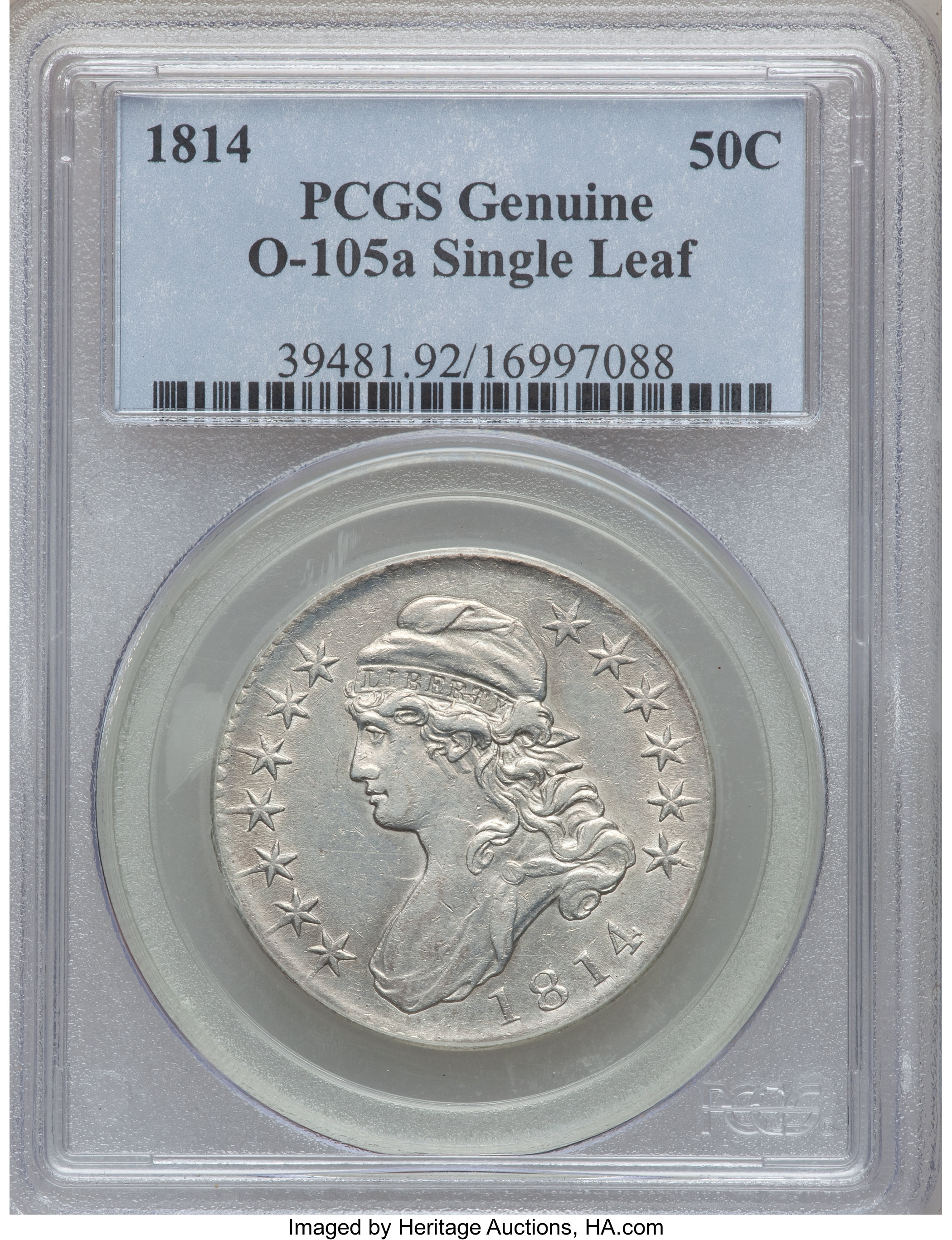 image for: 1814 50C Single Leaf, O-105a PCGS Genuine. The PCGS number ending in .92 suggests cleaning as the reason, or perhaps on...