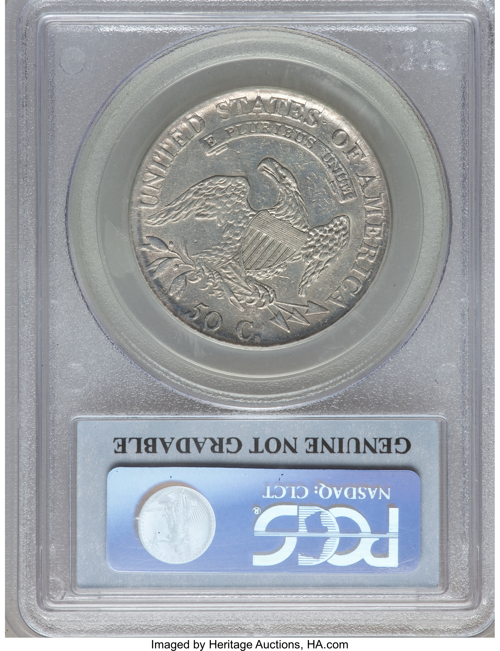 image for: 1814 50C Single Leaf, O-105a PCGS Genuine. The PCGS number ending in .92 suggests cleaning as the reason, or perhaps on...