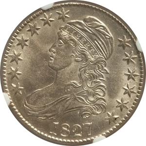 image for: 1827 50C Square 2, O-106 AU58 NGC. NGC Census: (0/0). PCGS Population (2/0)....