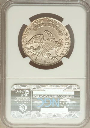 image for: 1827 50C Square 2, O-106 AU58 NGC. NGC Census: (0/0). PCGS Population (2/0)....