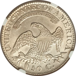 image for: 1827 50C Square 2, O-106 AU58 NGC. NGC Census: (0/0). PCGS Population (2/0)....
