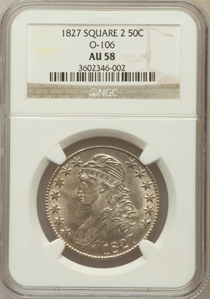 image for: 1827 50C Square 2, O-106 AU58 NGC. NGC Census: (0/0). PCGS Population (2/0)....