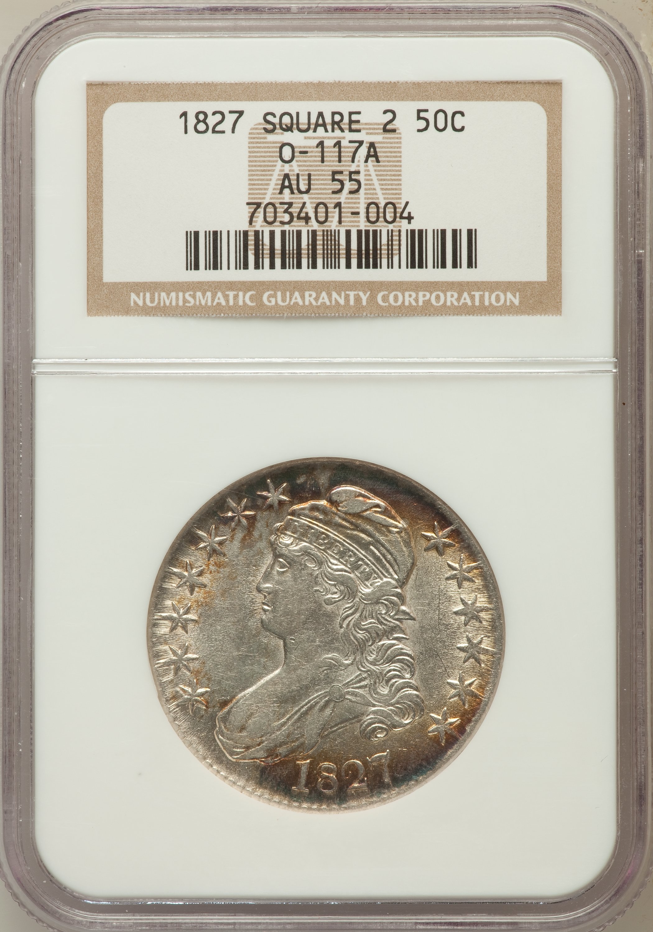 image for: 1827 50C O-117A, Square Base 2 AU55 NGC. NGC Census: (0/0). PCGS Population (0/0). Mintage: 5,493,400....