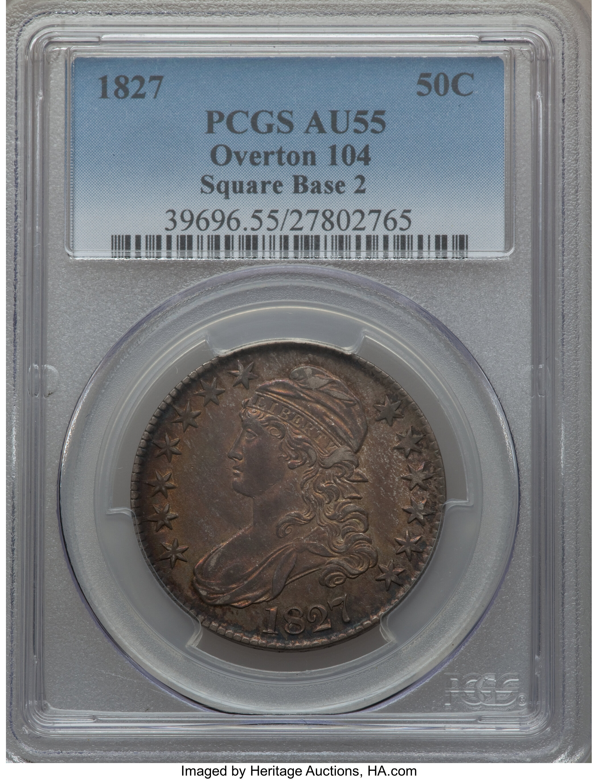 image for: 1827 50C Square Base 2, O-104, R.1 AU55 PCGS. PCGS Population (0/0). NGC Census: (0/0)....