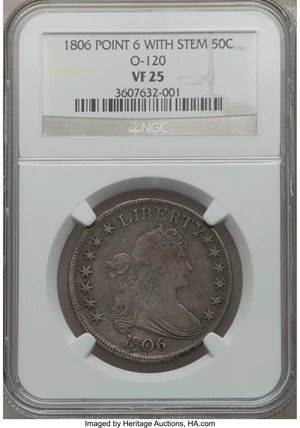 image for: 1806 50C Pointed 6, Stem, O-120, R.3 VF25 NGC. O-120. NGC Census: (0/0). PCGS Population (0/3). ...