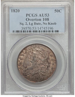 image for: 1820 50C Square 2, Large Date, No Knob, O-108 AU53 PCGS. PCGS Population (3/4). NGC Census: (0/0)....