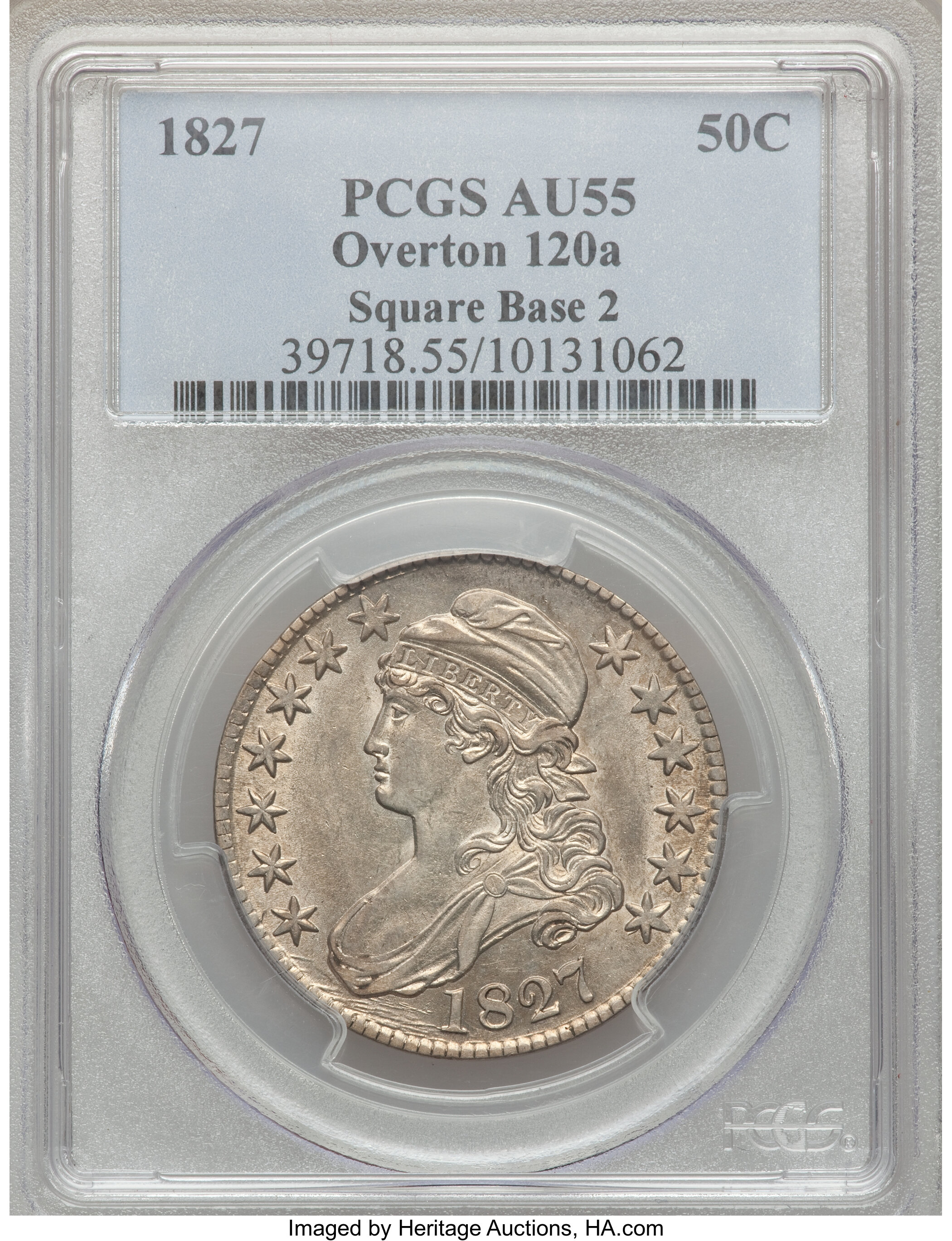 image for: 1827 50C Square 2, O-120A AU55 PCGS. PCGS Population (2/1). NGC Census: (0/0)....