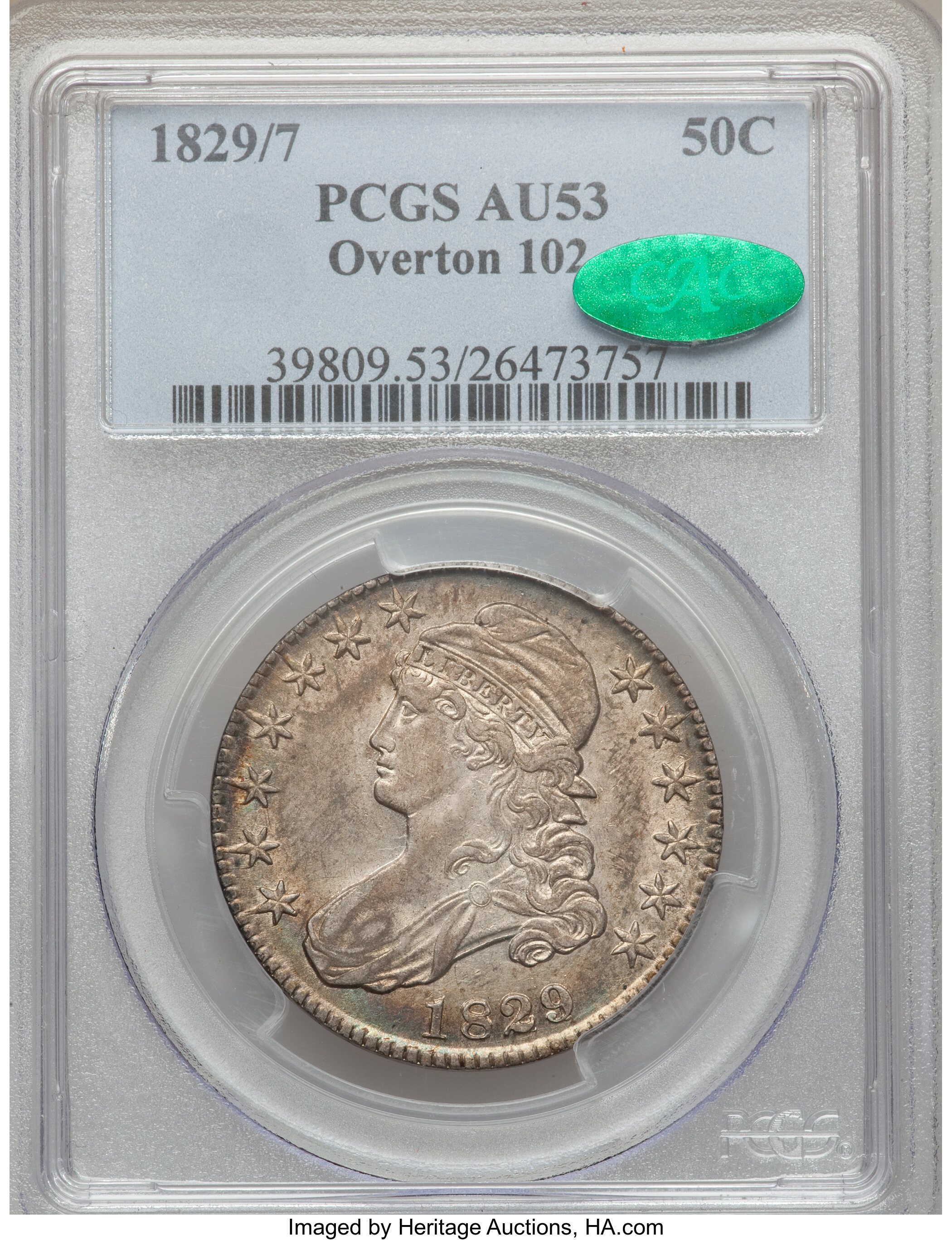image for: 1829/7 50C O-102 AU53 PCGS. CAC. PCGS Population (0/0). NGC Census: (0/0).  ...