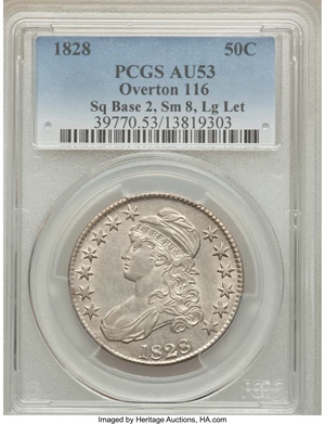 image for: 1828 50C Square Base 2, Small 8, Large Letters AU53 PCGS. O-116, R.2....
