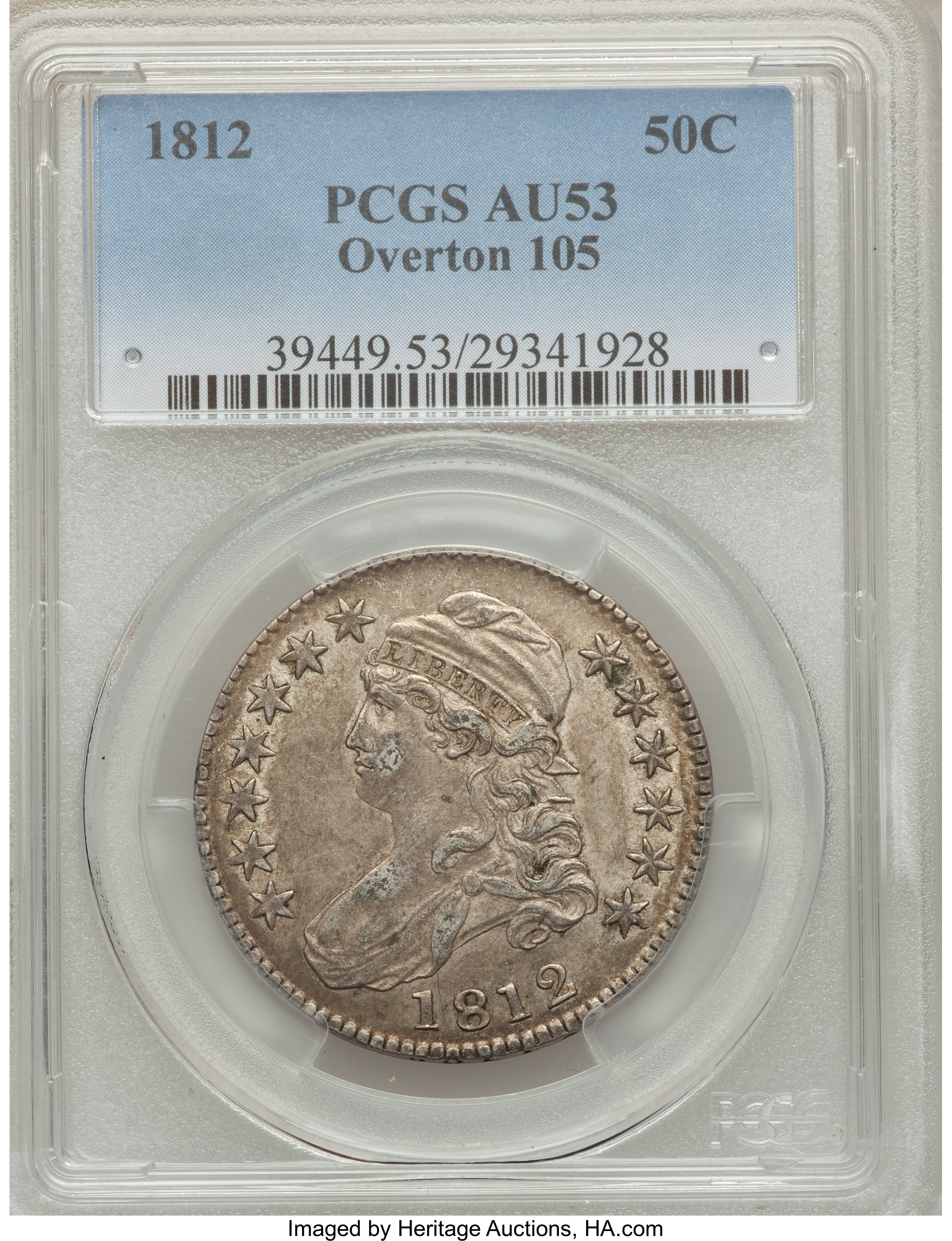 image for: 1812 50C Large 8, O-105 AU53 PCGS. PCGS Population (0/0). NGC Census: (0/0). Mintage: 1,628,059. ...